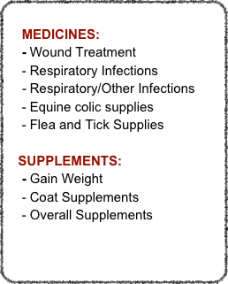 
    MEDICINES:
    - Wound Treatment
    - Respiratory Infections
    - Respiratory/Other Infections
    - Equine colic supplies
    - Flea and Tick Supplies

   SUPPLEMENTS:
    - Gain Weight
    - Coat Supplements
    - Overall Supplements